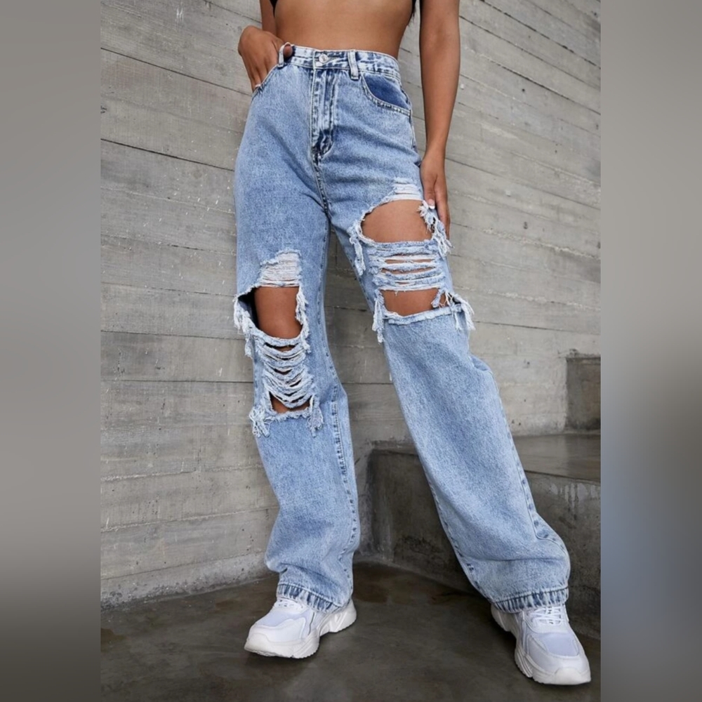 SHEIN HIGH WAISTED DISTRESSED/RIPPED STONE WASH JEANS WOMEN'S SIZE 6